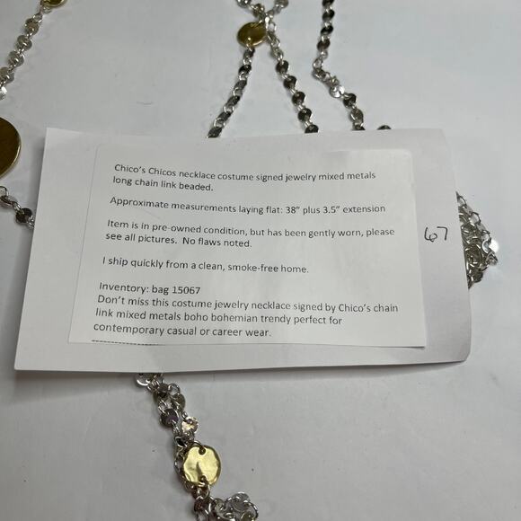 Chico's gold tone chain necklace long costume jewelry signed mixed metals beads - Picture 9 of 9